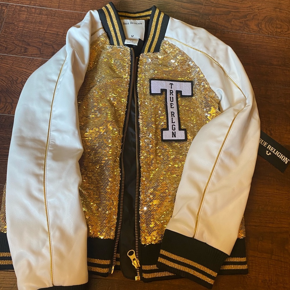 True religion jacket gold sequins and white size small